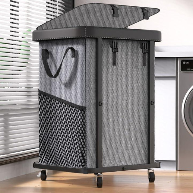 150L (40 Gal) Large Fashion Laundry Basket with Wheels, Leather Patchwork Rolling Hamper Carts, Sturdy Metal Frame, Removable Washable Bag, Tall Clothes Sorter for Bedroom, Laundry Room, Dorm - Gray