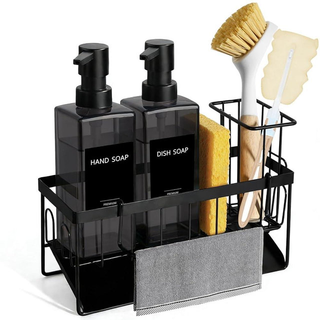GMISUN Dish Soap Dispenser for Kitchen, 12 fl oz / 350 ml Dual Kitchen Soap Dispensers with Sponge Holder, Transparent Black Glass Kitchen Soap Dispenser Set, Modern Hand and Dish Soap Bottle Set
