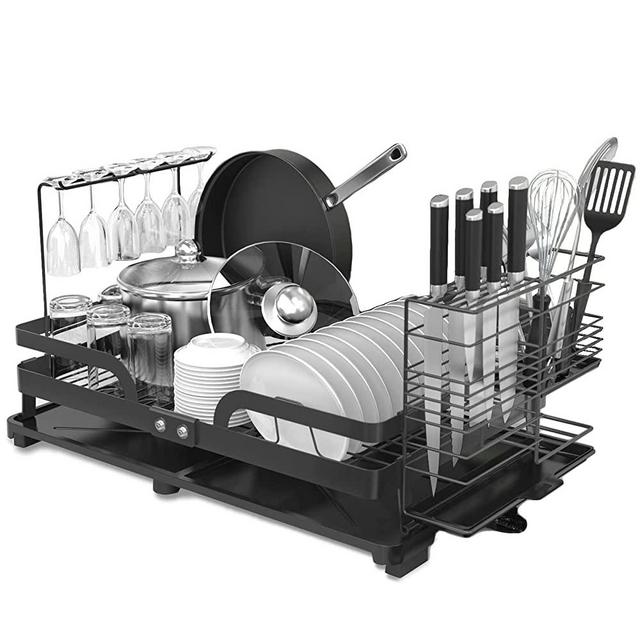 Kitsure Dish Drying Rack, Rustproof Dish Rack with Large Capacity for Dishes, Pans, Glasses & Cutlery, Foldable & Compact Dish Drainer with Easy Installation & Adjustable Water Outlet