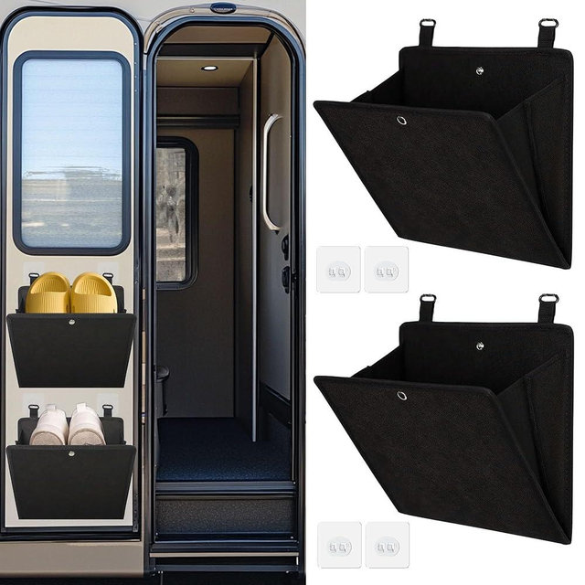 PUGPIU RV Camper Shoe Storage 2 Pack - Foldable Wall Mounted Shoe Rack Organizer - Self-Adhesive Rv Shoe Holder - Space Saving for Camper Essential Home Travel with Deep Pocket Fit 1 Pair Shoes, Black