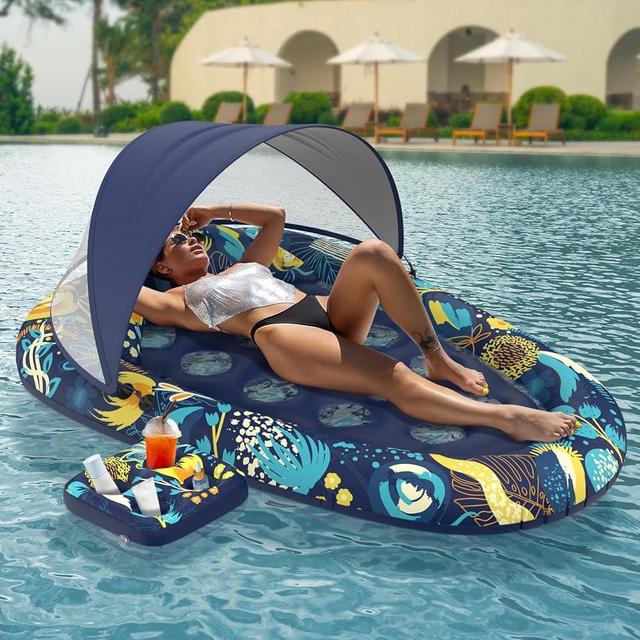 Sunikko X 3-in-1 Pool Floats with Canopy and Cup Holder, Inflatable Pool Floats for Adults Lounger Raft Floating Chair for Swimming Pool Lake Water Lounge Float Beach Pool Party Toys