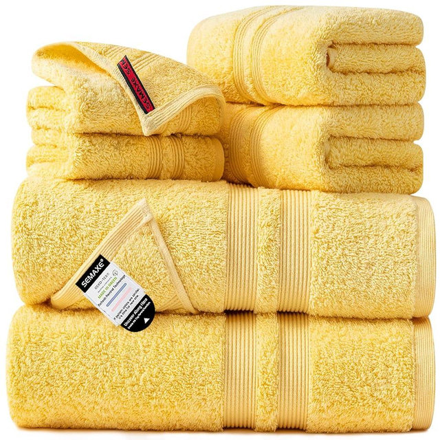 SEMAXE Solid 6-Piece Towel Set, Warm Yellow, 600GSM 100% Cotton, 2 Each of Bath Towel, Hand Towel, and Washcloths, Gift Box Packaging, Hanging Loop Design