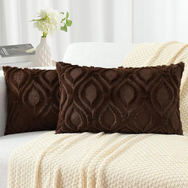 decorUhome Fall Throw Pillow Covers 12x20 Inch Set of 2, Soft Plush Decorative Faux Fur Brown Solid Couch Pillow Covers, Accent Farmhouse Neutral Lumbar Pillow Cases for Sofa Bed Living Room