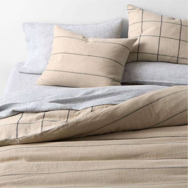 Aire Natural EUROPEAN FLAX ™-Certified Linen Pinstripe Arcadia Tan and Midnight Navy Blue Grid Reversible Full/Queen Duvet Cover