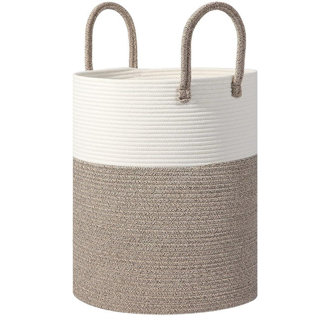 HOBASKET Large Woven Laundry Basket Hamper,60L Cotton Rope Storage Basket for Blankets in living room,Decorative Tall Nursery Hamper for Clothes and Toys,Baby Basket,Bathroom,Bedroom,White and Brown