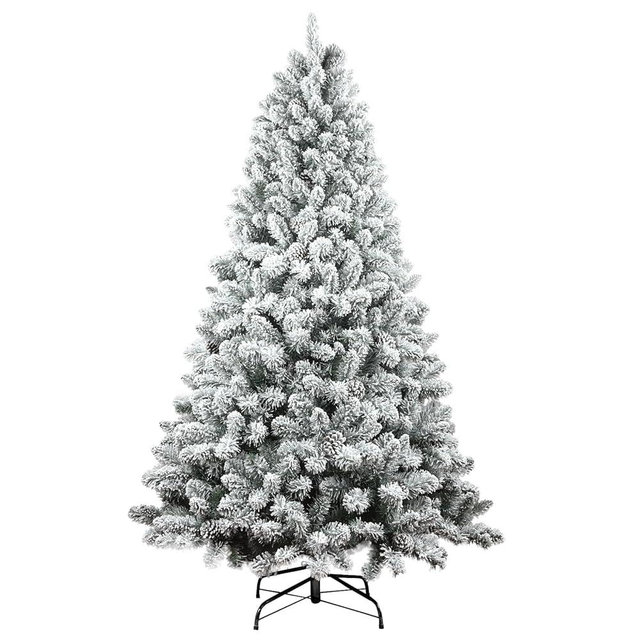 Maylaviu 7ft Snow Flocked Christmas Tree, Premium Hinged Unlit Artificial Christmas Pine Tree with Pine Cone, Artificial Xmas Tree for Home Office Store, Metal Stand and Hinged Branches