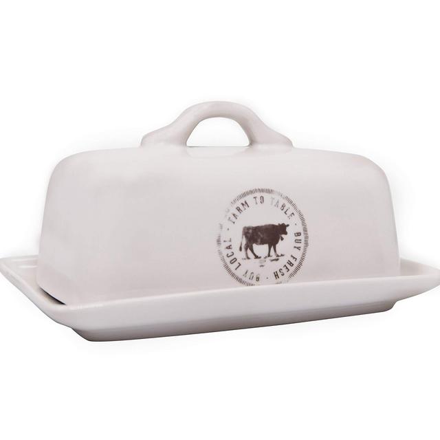 Creative Co-op Stoneware Butter Dish with Cow Decal, 6.75 L, White