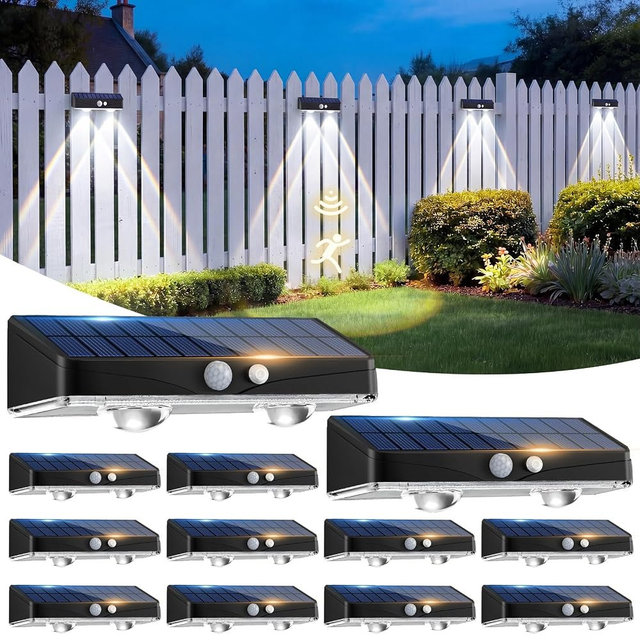 kolpop 12 Pack Solar Fence Lights Outdoor with 3 Modes Motion Sensor,IP65 Waterproof,1200mAh 60LM Bright LED Solar Lights for Fence,Patio,Backyard,Wall,Nighttime,Party(Cool White)
