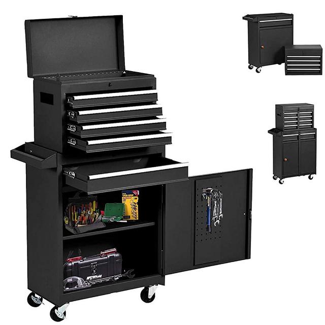 5-Drawer Tool Chest, Big Rolling Tool Box, Large Tool Chest with Sliding Drawers, Garage Tool Box with Wheels, 2 in 1 Multi-purpose Tool Organizer for Garage and Warehouse (Black)