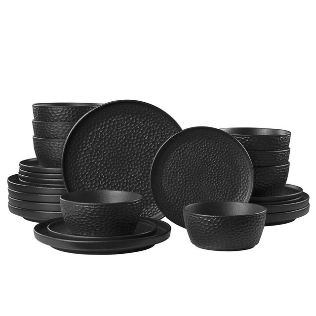 KINGSTONE Ceramic Dinnerware Set, 24-Piece Porcelain Plates and Bowls Set for 8, Matte Black or White, Hammered Texture, Microwave, Dishwasher & Oven Safe, Perfect for Home, Weddings & Gifts