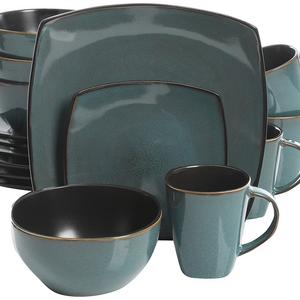 Gibson Elite Soho Lounge 16 Piece Reactive Glaze Dinnerware Set, Soft Square, Teal Green