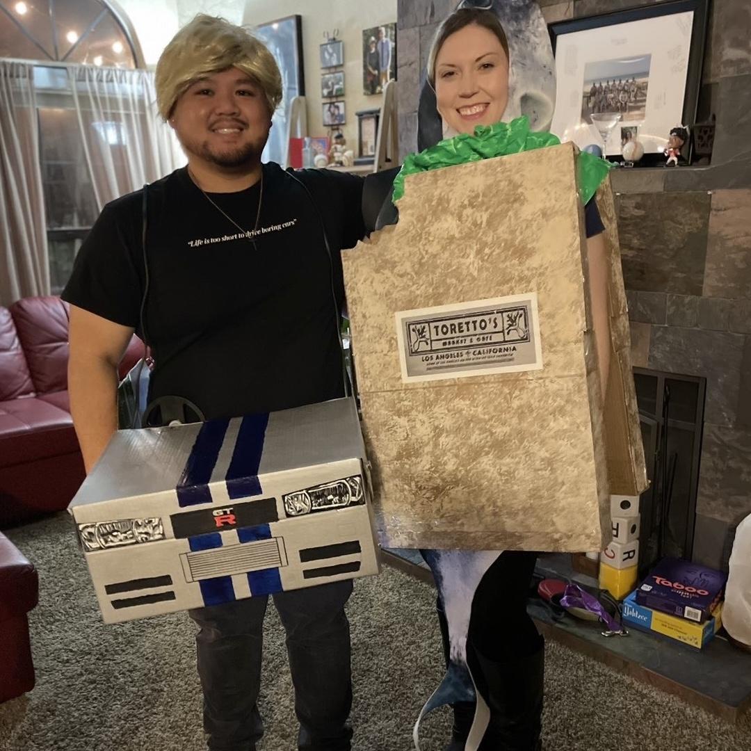 Halloween - Fast and Furious costumes, featuring Johnny as Paul Walker as Brian with his Nissan Skyline…and his favorite tuna sandwich, no crust!