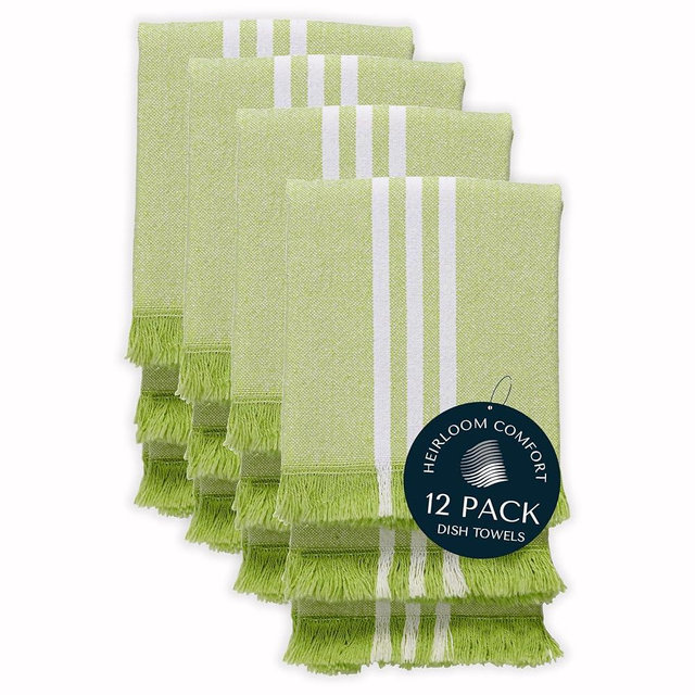 HEIRLOOM COMFORT 12 Pack Monochrome Stripe Kitchen Towels, Fringed Edges, 16x26 Inch, 100% Cotton, Lint-Free, Absorbent & Washable Dish Towels for Drying Dishes, Everyday Kitchen Use, Lemon Green