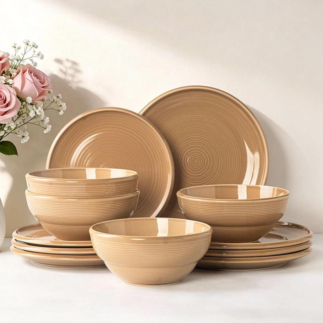 ArtHom Dinnerware Sets for 4, 12 Piece Stoneware Plates and Bowls Sets, Concentric Textured Design, Scratch Resistant Dish Set, Microwave and Dishwasher Safe, Brown