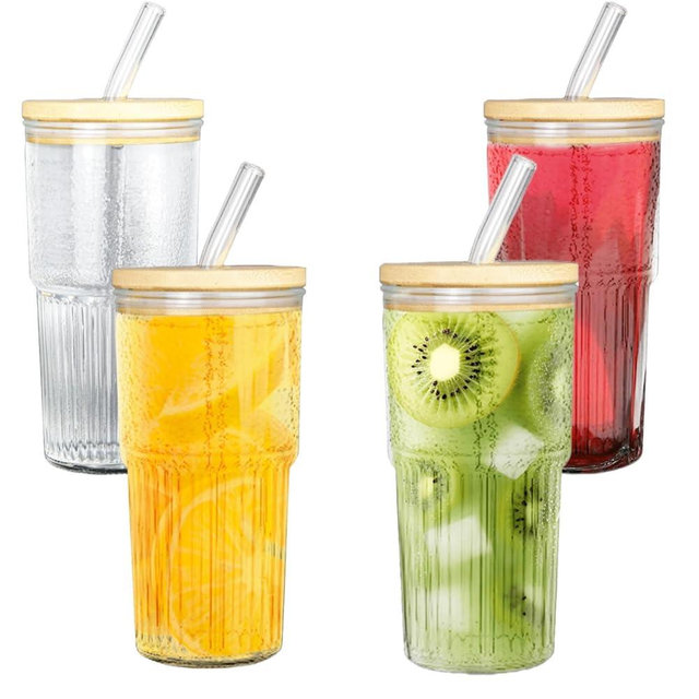 Dingerjar Glass Tumbler With Bamboo Lids and Glass Straws, 22 OZ for Iced Coffee Cup, Water, Smoothie 4 Pack