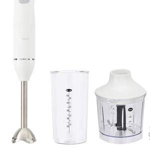 Amazon Basics 300W 4-In-1 Immersion Blender Handheld, Emulsion Blender With Blending Stick, Whisk, Chopper and Beaker, Continuous Speed Control And Turbo Mode, 5-ft Power Cord, White