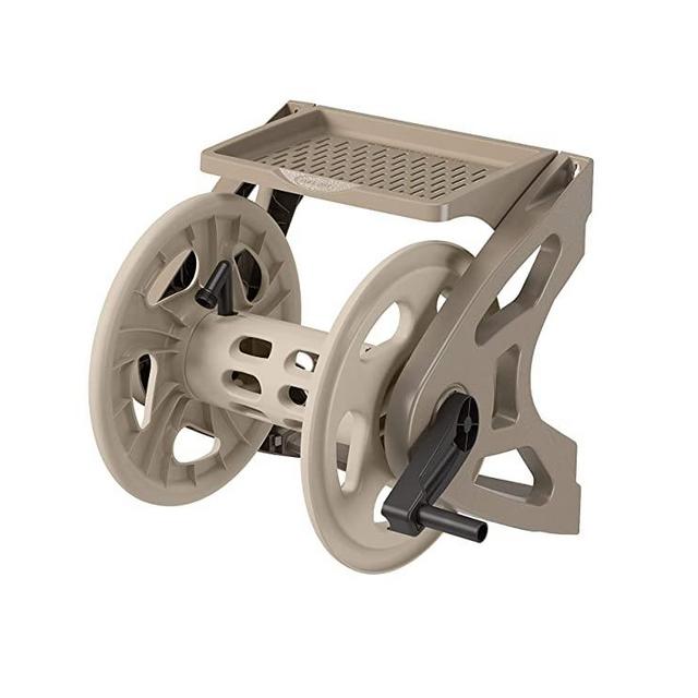 Suncast Resin Wall Mounted Handler Hose Reel with Crank Handle and Storage Tray, Taupe
