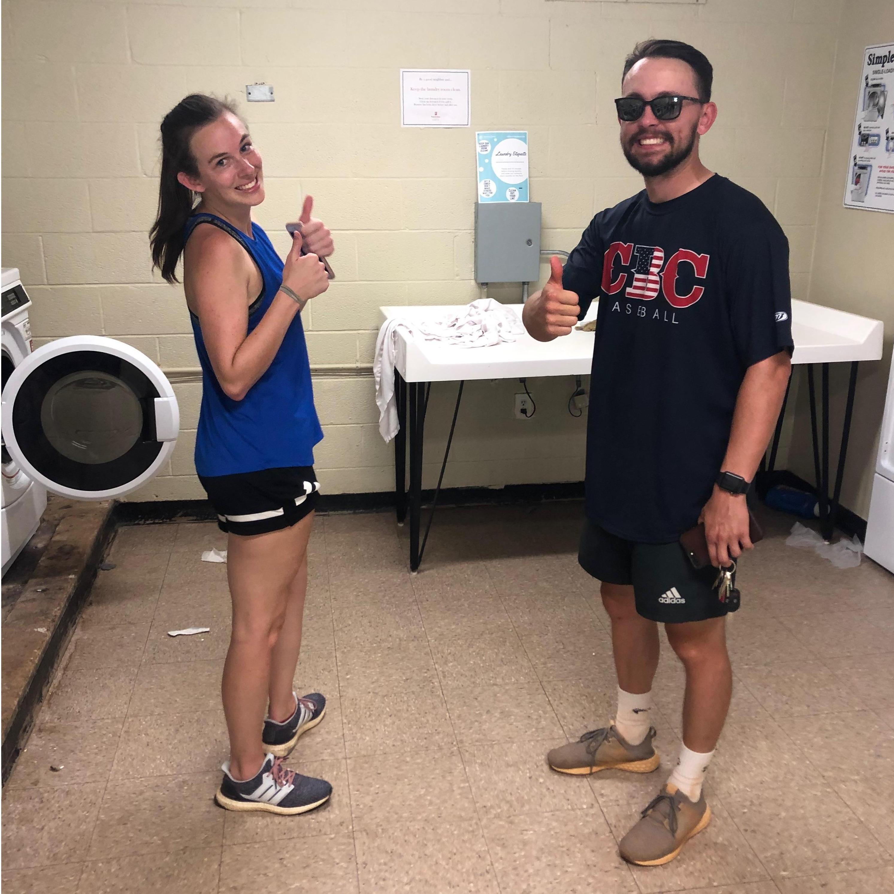 Reenacting the moment we met in the laundry room of the apartments on campus our junior year of college