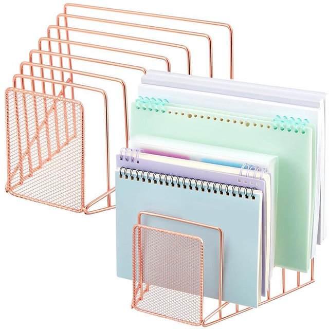 Chivertion 2 Pcs 7 Slot Incline File Sorter Metal Wire Mesh File Racks for Desktop Letter Sorter for Magazine Folder Book Organizer Home Office School Paper Mail Desk Storage Holder(Rose Gold)
