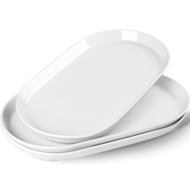 Taeochiy 14" Large Serving Platter - Oval Large Serving Tray, Ceramic Turkey Platters for Entertaining, Christmas Party, Set of 3, White