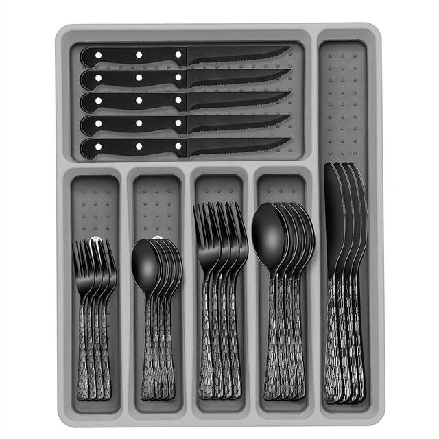 49-Piece Black Silverware Set with Organizer, Stainless Steel Tree Pattern Black Flatware for 8, Cutlery Utensil Sets with Steak Knives, Rust-proof, Mirror Polished, Dishwasher Safe