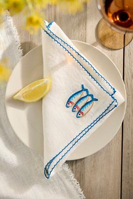 Embroidered Seafood Linen Napkins, Set of 2