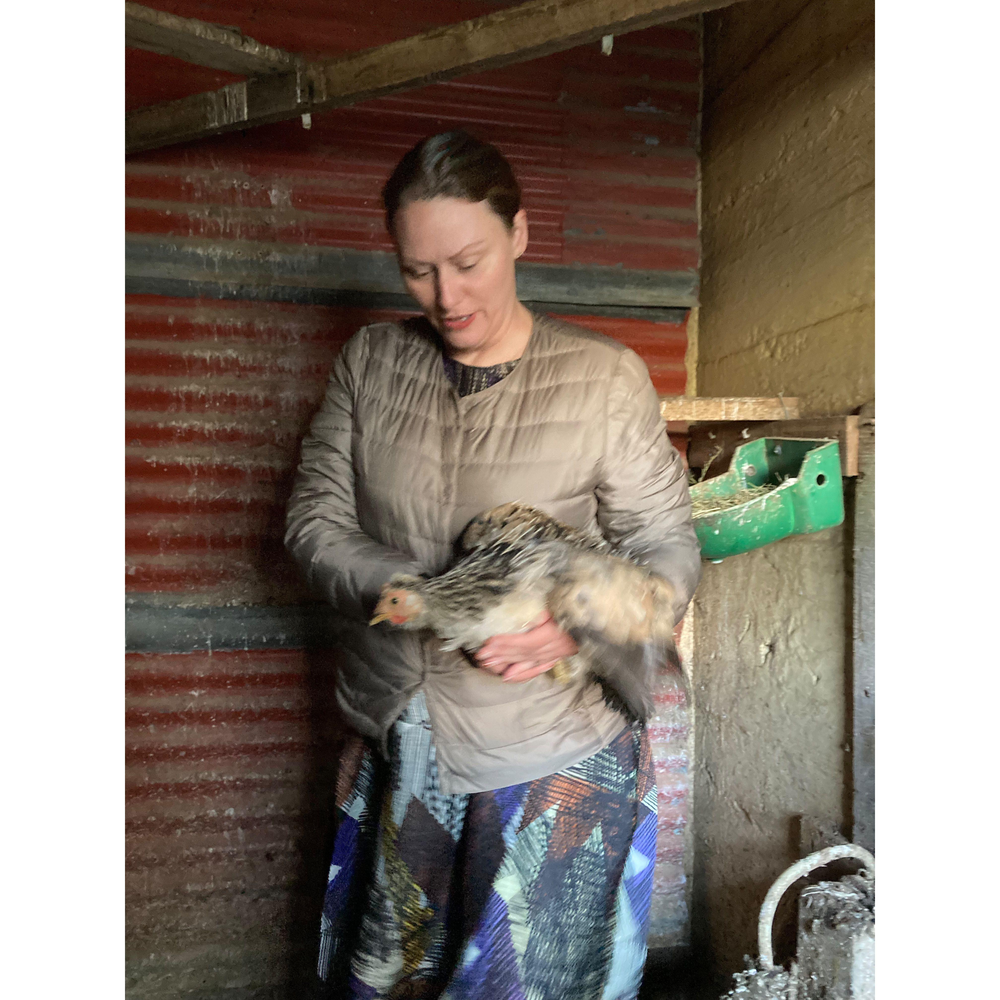 Annie with an Icelandic chicken.