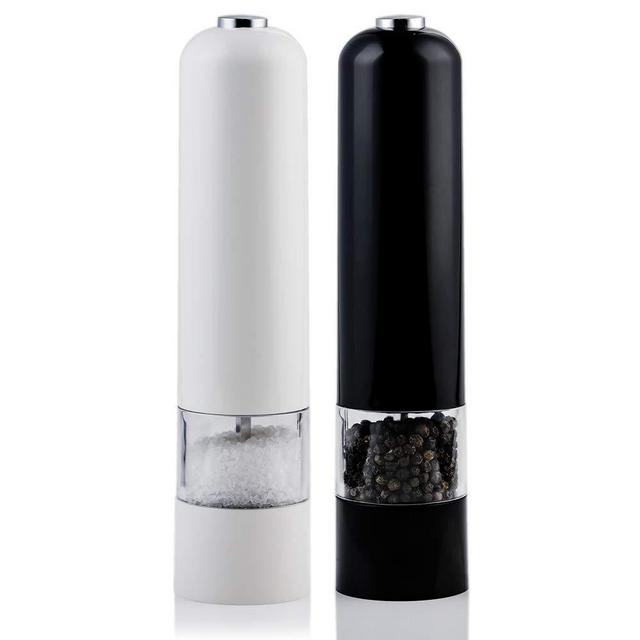 OVENTE Electric Salt and Pepper Grinder Set, Battery Operated 4 AA, Black and White (SPD102BW)