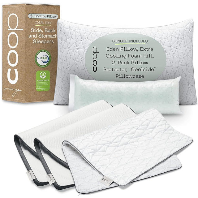 Coop Home Goods Eden Pillow, Protector & Pillowcase Queen Bundle, Set Includes (1) Eden Pillow, (1) Coolside Pillowcase & (2) UltraTech Waterproof Pillow Protectors