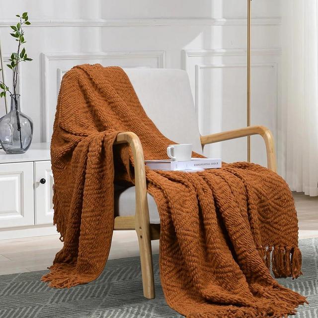 JOOJA Throw Blanket for Couch Knit Blanket Textured Chenille Blanket for Bed Super Soft Cozy Warm Blanket with Tassels for Chair Sofa Living Room, 50x60 Inches Burnt Orange