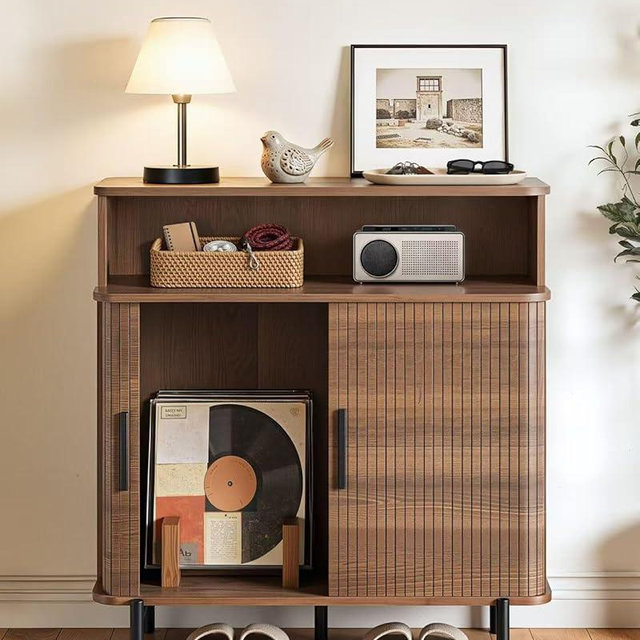 SUNCOZE Buffet Sideboard Cabinet with Big Storage Space, Fluted Coffee Bar Cabinet with Shelves, Modern Wood Console Cabinet for Kitchen, Entryway & Living Room (Walnut)