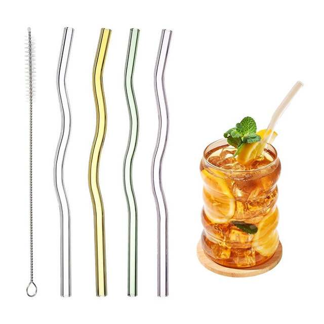 uxcell 4 Pcs Reusable Glass Drinking Straws, 7.87'' x 8 mm Reusable Straws Set with 4 Wave 1 Brush for Milkshakes Juice Coffee Milk Tea Cocktails, Forest Crystal Tone
