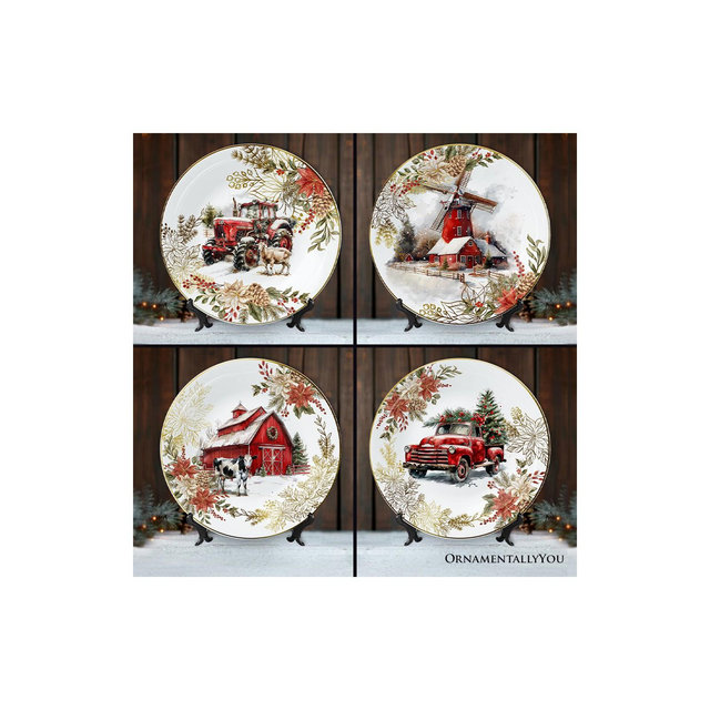 Farmhouse Christmas Set of 4 Plates with Real Gold Elements, Tableware Collection for Salad, Dessert, Appetizer, and Side Plates| OrnamentallyYou