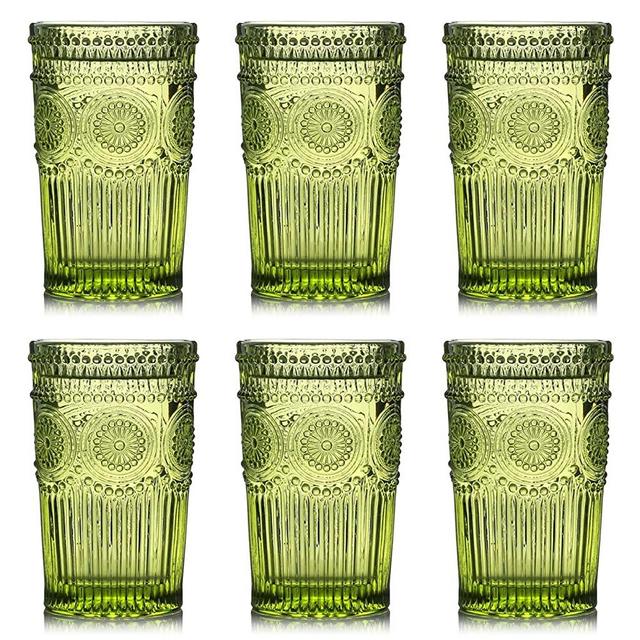 Kingrol 6 Pack Vintage Drinking Glasses, 12 oz Embossed Romantic Water Glassware, Glass Tumbler Set for Juice, Beverages, Beer, Cocktail (Green)