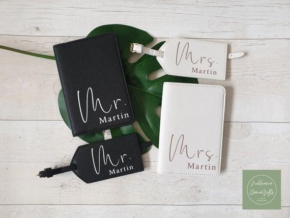 Mr and Mrs Passport Covers and Luggage Tag - Black & White Set