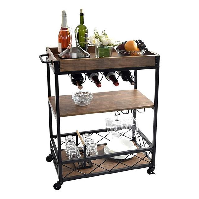 CHARAVECTOR Kitchen cart with 3 -Tier Shelves, Practical Industrial Kitchen Bar&Serving Cart,Metal Wine Rack Storage and Glass Bottle Holder, Brown, Rolling Kitchen cart