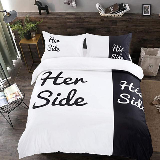 Black and White Duvet Cover Queen His Side Her Side Bedding Set 3 Pieces Soft Microfiber Bedding Cover with Zipper Closure and 2 Pillowcases for Adults 90&quot;×90&quot;