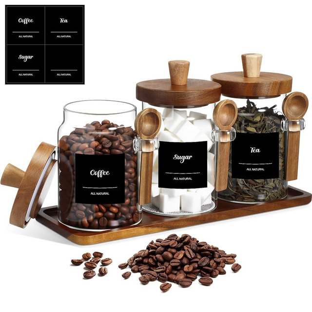 Suclain 3 Pcs Glass Coffee Container with Wooden Lid Spoon Shelf Labels Clear Airtight Jar Food Storage Canister Set for Sugar Spice Coffee Bean Holder Housewarming Gift(20 oz,Acacia Brown)