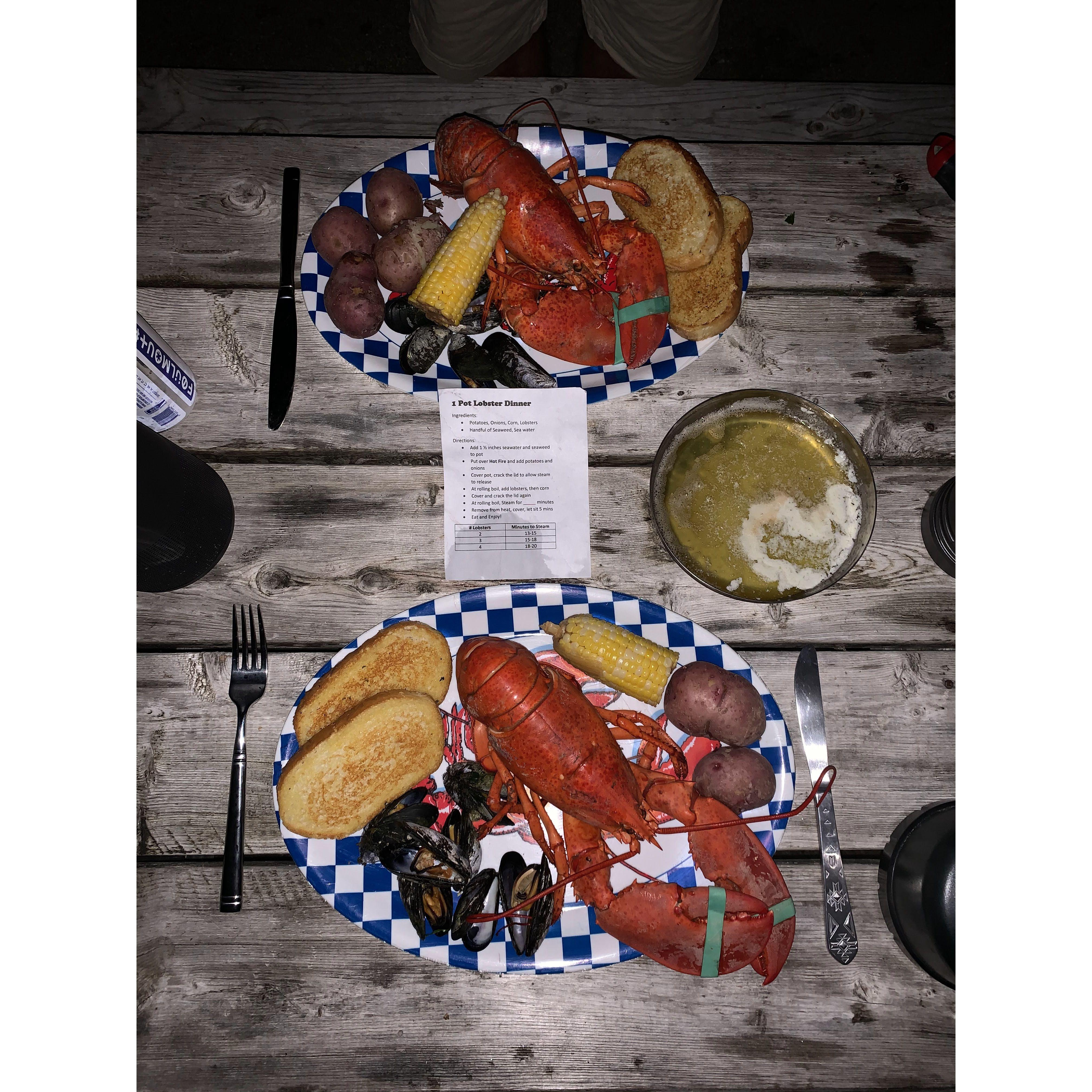 Homemade lobster dinner at Maine campsite