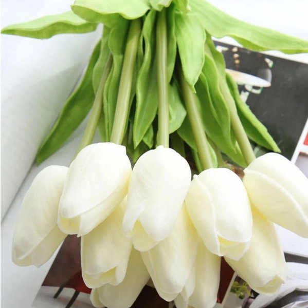 30pcs Tulips Artificial Flowers, Artificial Latex Real Touch Tulips Flowers Bouquet for Mother's Day Easter Wedding Party Home Decor-White