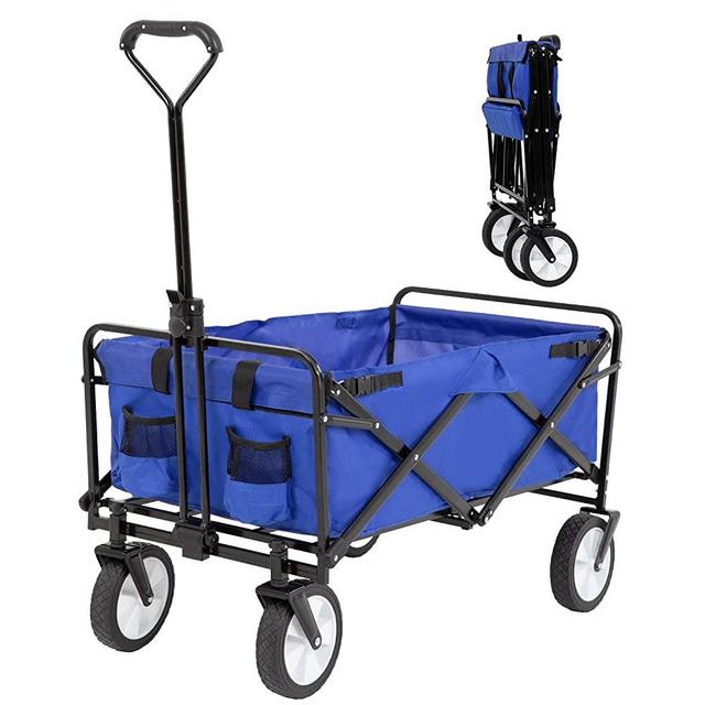 Collapsible Folding Wagon Garden Cart Beach Wagon Grocery Wagon All-Terrain Wheels Garden Grocery Wagon for Shopping Park Picnic, Beach Trip, Outdoor Activities, Camping (Blue)
