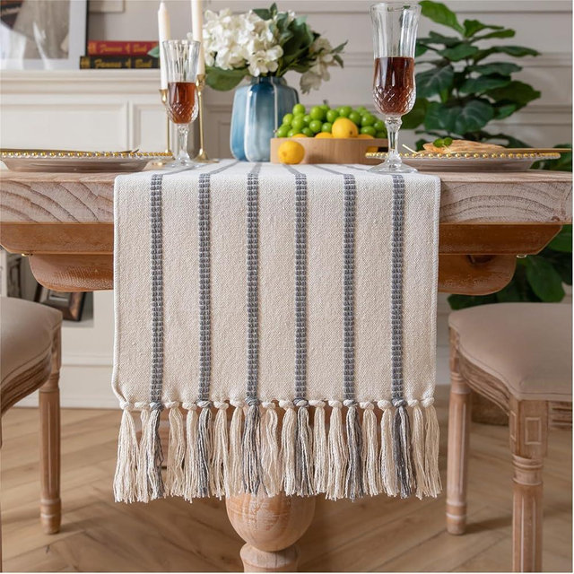 Caflife Boho Table Runner 108 Inchs Long Brown and Beige, Cotton and Linen Woven with Tassels, for Modern Rustic Farmhouse Neutral Table Runners, Bohemian Kitchen Dining Table Home Decor