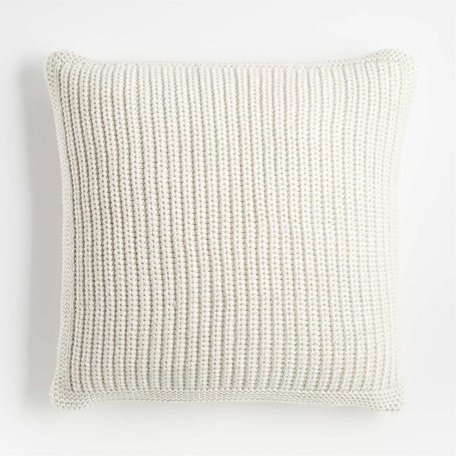 Arctic Ivory Wool Blend 23''x23" Fisherman Knit Throw Pillow with Feather Insert