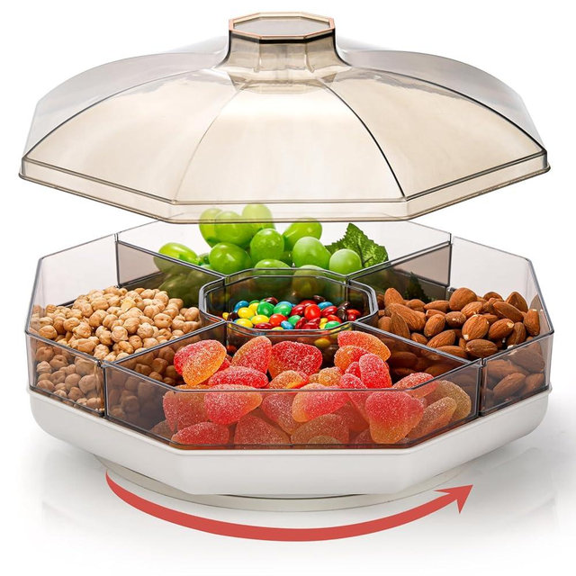 Noamus Rotating Snack Serving Tray with Lid, 11" Plastic Divided Serving Dishes, 5 Compartment Round Appetizer Platter, Removable Dried Fruit Organizer Plate for Veggie Candy Nut Cracker Chip Party