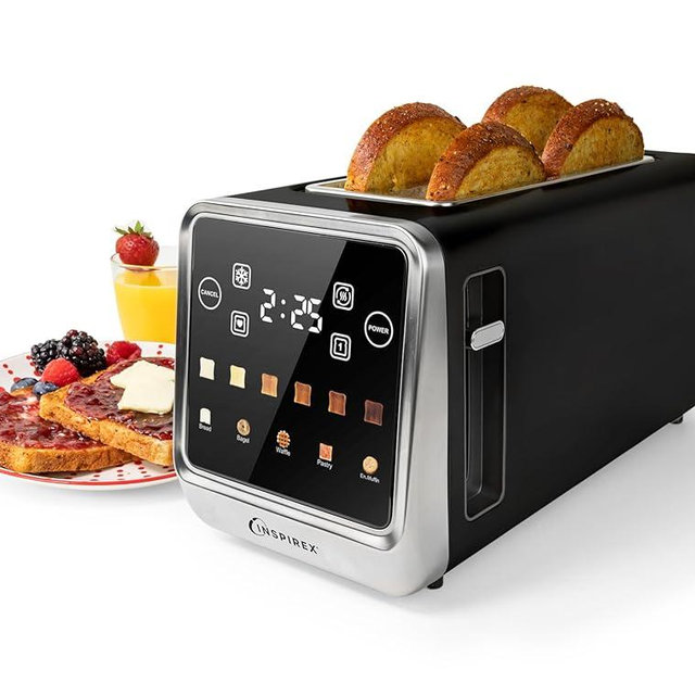 Inspirex Touch Screen Toaster - 4 Slice, 2 Extra Long Slots - 5 Bread Types and 6 Browning Levels - Defrost, Reheat, Favorite, & Single Slot Modes - For Toast, Bagels, & Waffles – Black
