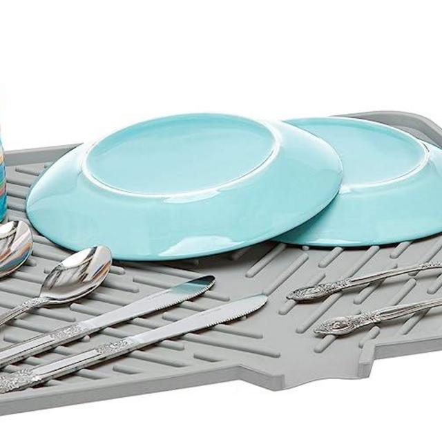 Luxet Silicone Dish Drying Mat with Built-in Drain Lip - Hygienic Drying Pad - Sturdy Compact Easy to Clean Tray Protects Surfaces Prevents Water Build Up -16.5 x 13 Inches (grey)