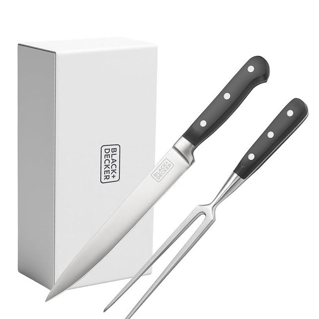 BLACK+DECKER 2-Piece Stainless Steel Carving Knife Set, 8” Carving Knife & 7” Fork, Kitchen Knife with 3CR13 Stainless Steel Blade, Meat Knife with Black ABS Handles, Magnetic Gift Box for Storage