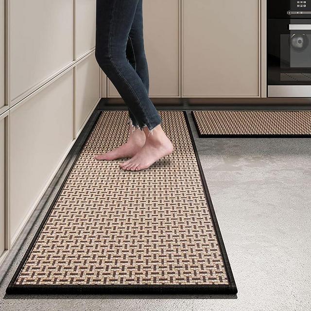 eqivei Kitchen Rugs and Mats Non Skid Washable Set of 2 PCS, Absorbent Runner Rugs for Kitchen, Farmhouse Weave Floor Mats in Front of Sink, 17.3"x 47"+17.3"x 29" (Black)