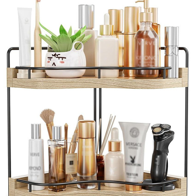 Aollewoiti 2-Tier Corner Bathroom Counter Organizer with Embedded Screw Holes, Secure & Stable Wood Vanity Shelf for Makeup and Skincare Essentials - Space Saving Bathroom Countertop Storage