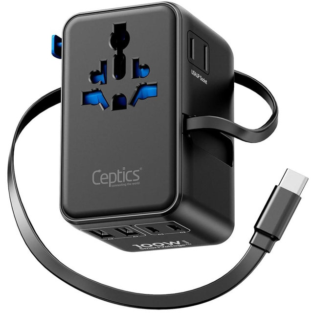 Ceptics GAN 100W Universal Travel Adapter with Retractable USB-C Cable, 2X USB-A & C, Universal Input and 1x USA/JP Input, 7 in 1 Universal Adapter for Worldwide Travel - Type A, C, G, I Output